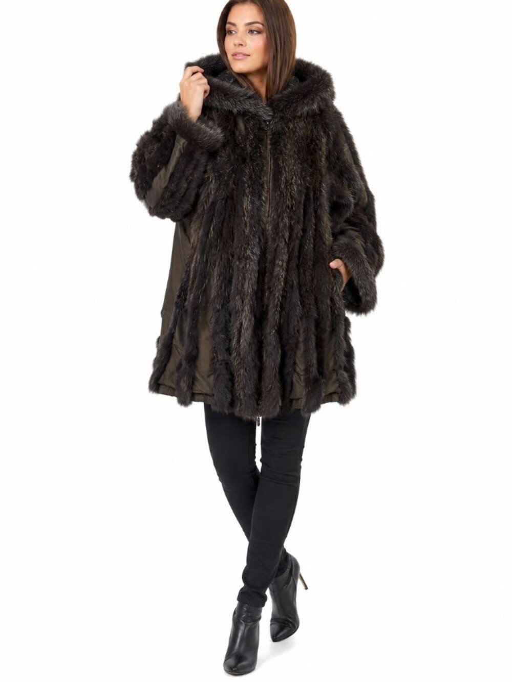 Vintage Mixed Media Silver Fox Fur Coat with Hood